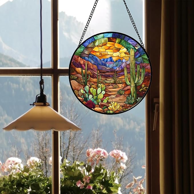 CRISGIF Stained Glass Window Hanging Cactus Mountains Landscape 9.8" - Suncatcher Door Garden Sunroom Sun Catcher Home Decor Birthday Christmas for Mom Men Woman Nana
