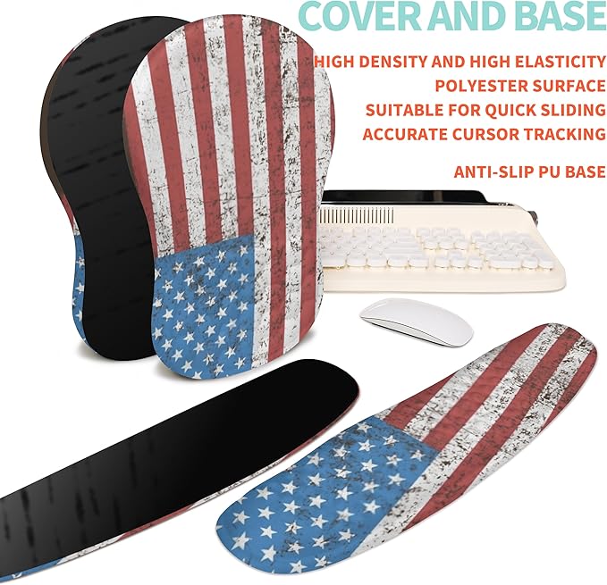 KUOSGM 2-in-1 Ergonomic Set, Wave Rise Keyboard Wrist Rest and Massage Bulge Slope Mouse Pad Wrist Support, Cushion Memory Foam Integrated to Relieve Wrist Pain, American Flag