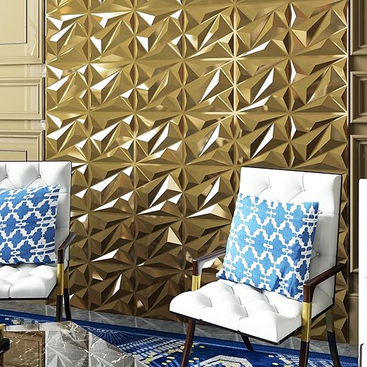 Art3dwallpanels 33 Pack 3D Wall Panel Diamond for Interior Wall Décor, PVC Textured Wall Panels, 12''x12'' Cover 32.Sq.Ft. Golden