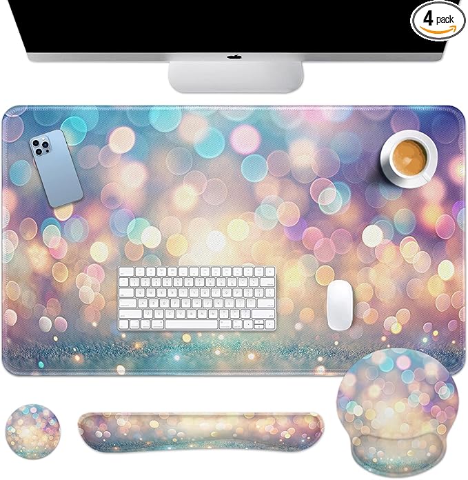 Britimes Abstract Pink and Blue Glitter Keyboard Mouse Pad Set 4in1 Large Mousepad+Keyboard Wrist Rest+Mouse Wrist Rest+Coaster Set with Ergonomic Design for Home Office Computer 35.4x15.7 inches