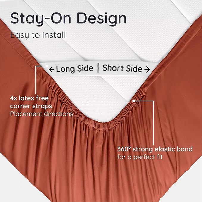 Bambaw Queen Size Fitted Sheet Only, 100% Viscose Derived from Bamboo Fitted Sheet Queen Size, 16’’ Deep Pocket, Breathable & Cooling (Terracotta)