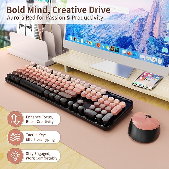 Nowlike Wireless Keyboard and Mouse Combo, Retro Typewriter Keyboard with Round Keycaps, Full-Size Ergonomic, Aurora Red, Ideal for Windows PC, Home, Office, and College