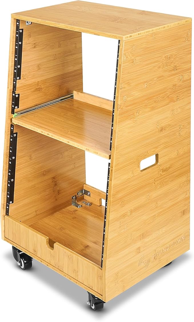 Sound Town DIY Solid Carbonized Bamboo Slanted 16U Studio Rack (8U Top + 8U Lower), with 2U Bottom Storage, Slide-Out Tray, Caster, For Recording Room, Home Studio (STBR-ST16T)