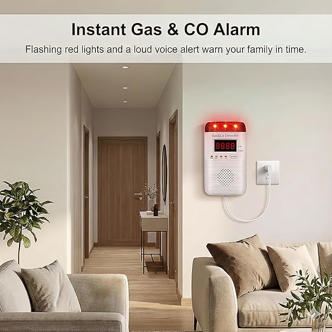 2 Packs Combination Gas & Carbon Monoxide Detectors Plug in, Portable CO Detector with Digital Display Audible & Visual Alarm, Gas & CO Alarm Applicable to for Home, Kitchen, Hotel