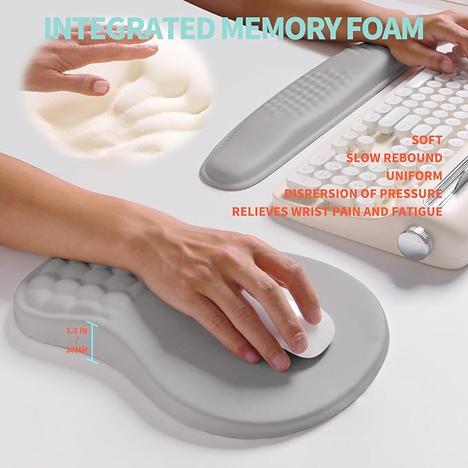 KUOSGM 2-in-1 Ergonomic Set, Wave Rise Keyboard Wrist Rest and Massage Bulge Slope Mouse Pad Wrist Support, Cushion Memory Foam Integrated to Relieve Wrist Pain, Silver Gray