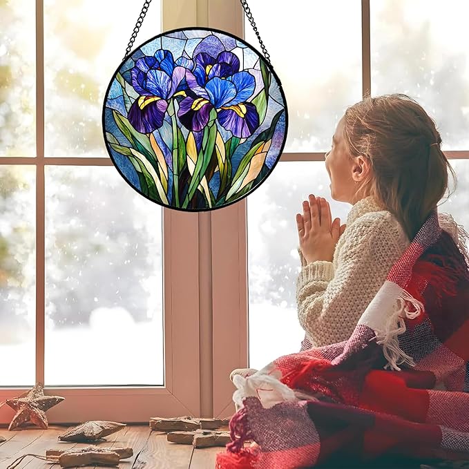 CRISGIF Stained Glass Window Hanging - Blue Purple Iris Flower Suncatcher for Door Garden Patio Sun Catchers Decor Christmas Mother's Day Birthday Gifts for Women Men Mom Nana Aunt Friend 11.8 in