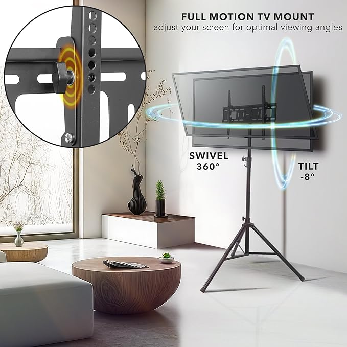 Mount-It! Tripod TV Stand – Portable TV Tripod for Flat Screens 32-70 Inch – Indoor/Outdoor Height Adjustable Stand, VESA 200x200 to 600x400, for LCD, LED, OLED, Curved TVs, Holds up to 77lbs