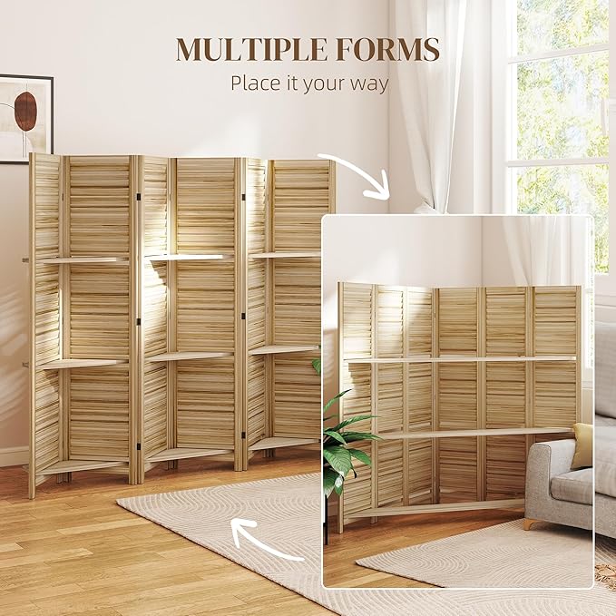 HOMCOM Room Divider, 6 Panel 67" Tall Wood Privacy Screen with 3 Display Shelves, and Folding Storage for Bedroom or Home Office, Natural Wood