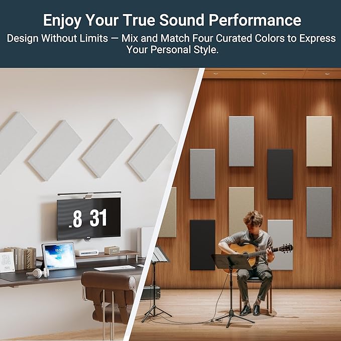 4 Pack High-Density Core with Fabric Cover Acoustic Panels – 24×12×2 In Self-Adhesive Soundproofing and Sound-Absorbing Wall Panels for Echo Reduction in Studio, Theater, or Recording (Linen White)