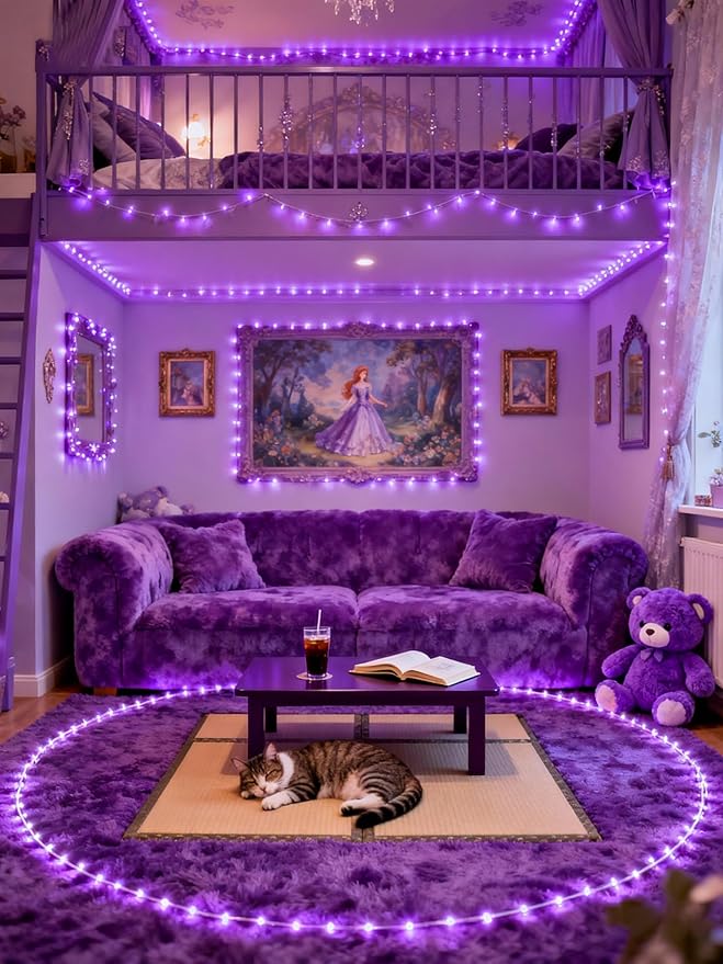 Aalnfe Purple Led Lights Strip for Bedroom Indoor Rope Lights Black Pagage Led Light Strip Kit Easy DIY Cuttable Tape Lights for Room Bathroom Living Room Kitchen Ceiling Wall Vanity Mirror Decor