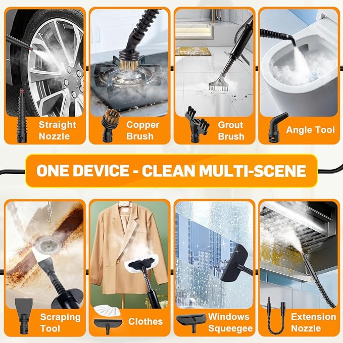 Handheld Pressurized Steam Cleaner for Home - 15s Heat-Up 3-Level Adjustable Steam Cleaner with 14pcs Accessories, Multi-Surface Steamer for Cleaning Car Detailing, Tile, Grout, Chemical-Free