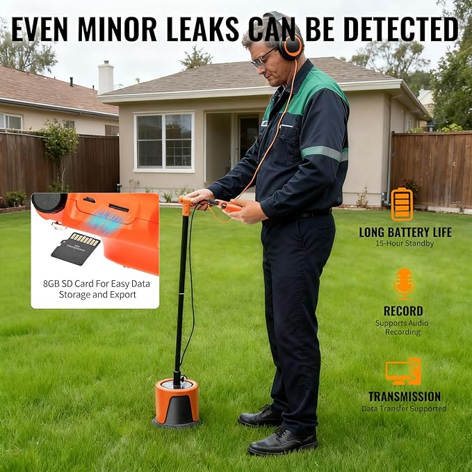 PQWT L3000 Acoustic Water Leak Detector for Home and Outside Ground Wall Water Pipeline Leakage Detection Kit Multi Sensor Professional Noise Reduction Headphone Smart Touchscreen Aluminum Carry Case