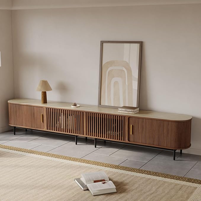 POVISON Fully-Assembled Sliding Tambour Door TV Stand, Mid Century Modern Sintered Stone TV Console, Wood Media Console, Entertainment Center with Storage Cabinet (Walnut, 118.11")
