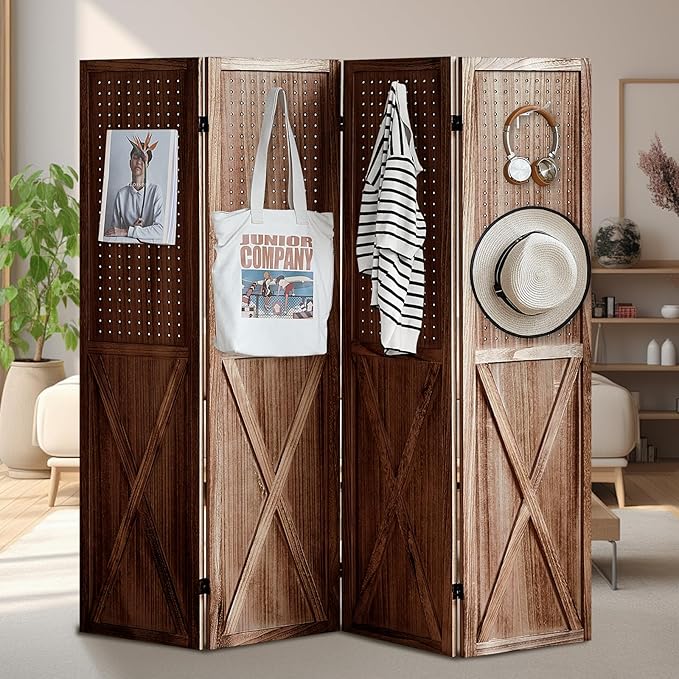 ALeesing 4 Panel Pegboard Wood Room Divider, 5.6Ft Pegboard Display Folding Privacy Screens, Peg Board Display Freestanding for Trade Show Craft Show Home Wall Organizer, Retro Brown