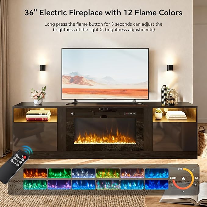 YISUFO 70" TV Stand with 36" Electric Fireplace, Large Modern Media Entertainment Center with Storage Cabinet and 12 Colors LED Lights for TVs Up to 80"