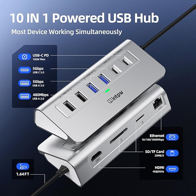 intpw P9R USB C Hub Ethernet, 10-in-1 USB-C Docking Station, Aluminum USB to Ethernet Adapter with 4K HDMI, PD 100W, 1Gbps RJ45, Type-C & 2 A 3.0 5Gbps, 2 Type-A 2.0, SD/TF Slot for MacBook, iPad