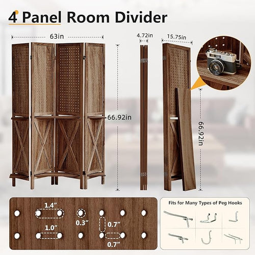 Aleesing 4 Panel Pegboard Display with 16 Hooks, Wooden Pegboard Room Divider Wall with Shelf, Partition Room Dividers and Folding Privacy Screens, Bedroom, Jewelry Store, Brown