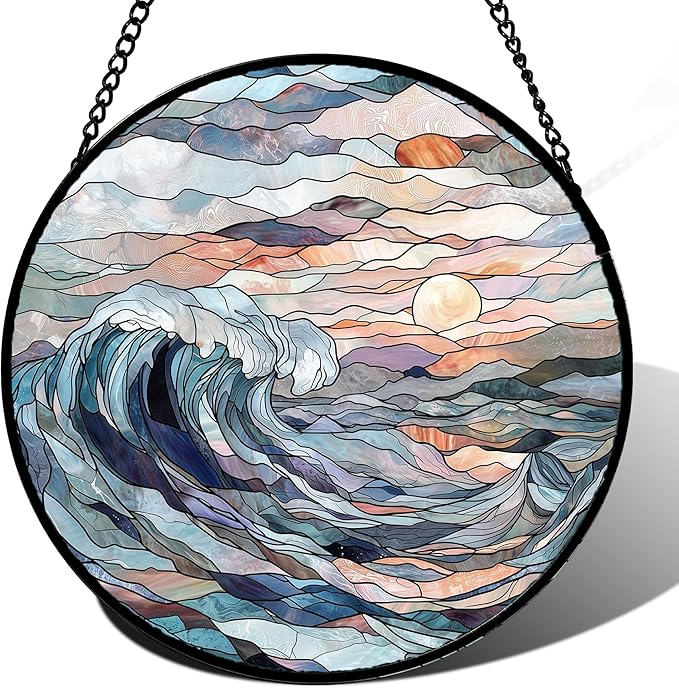 DASTOLL Stained Glass Window Hanging, Sunrise Waves Sun Catchers Diamond Glass Panel Hangings Abstract Suncatcher Decor for Birthday for Women, Men, Wife, Aunt, and Mom 14.9x14.9 in