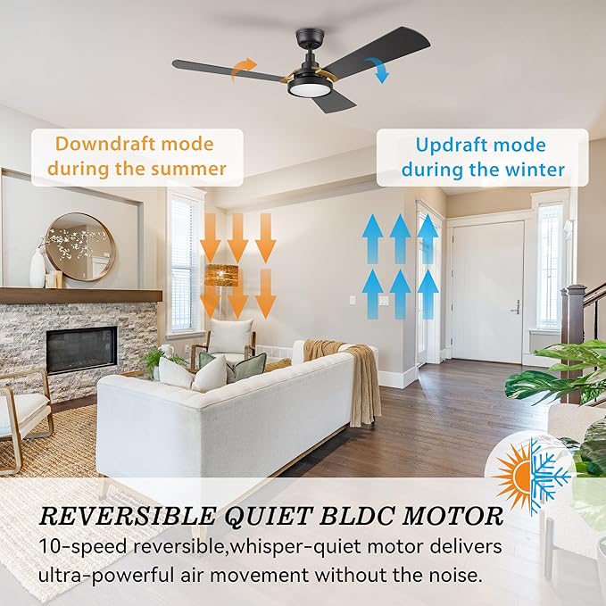 SMAAIR 52 Inch Smart Wifi Ceiling Fans with Dimmable LED Lights and Remote, Compatible with Alexa/Google Home/Siri/APP, Outdoor DC Fans with 10 Speeds, Timer/Schedule,Black/Gold