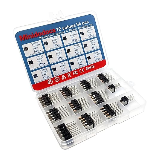 12 Values 54 Pcs Darlington Transistors Bipolar Power Transistor TIP31C TIP32C TIP41C TIP42C TIP120 TIP121 TIP122 TIP125 TIP126 TIP127 TIP142T TIP147T Minidodoca TIP Transistors Assortment Kit