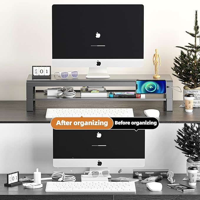 GECKOSTROLL 2-Tier Metal Computer monitor stand Laptop Desk Shelf & Monitor Riser ，27.55 inches long desk riser Monitors/PC/Laptop/Computer Space Saver Organizer (Basic Version, Two-layer 700mm)