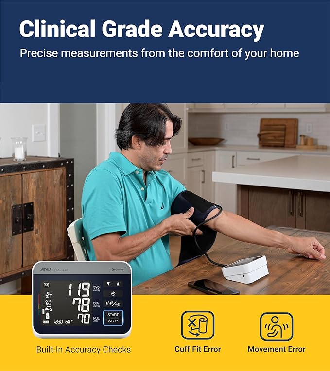 A&D Medical Precision Check Pro Blood Pressure Monitor for Home Use with Bluetooth UA-910BLE - Wide Range Cuff (8.6-16.5" / 22-42cm), 4 Users, iOS & Android Compatible, AC Adapter & Carrying Case