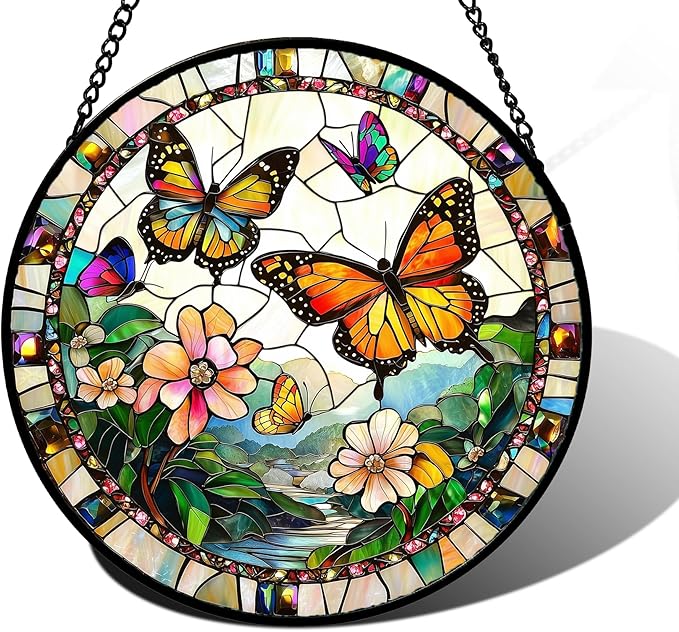 DASTOLL Stained Glass Window Hanging, Butterflies Flying in The Sky Suncatcher for Doors Home Sun Catchers Decoration and Christmas, Mother's Day Birthday Gifts for Women, Men, and Mom 9.8 in