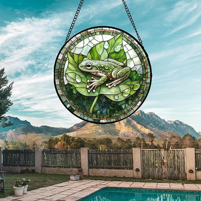 CRISGIF Stained Glass Window Hanging - Cute Frog Suncatcher for Doors Garden Patio Green Leaves Sun Catchers Decor Christmas Mother's Day Birthday Gifts for Women Men Mom Nana Boy Friend 15 in