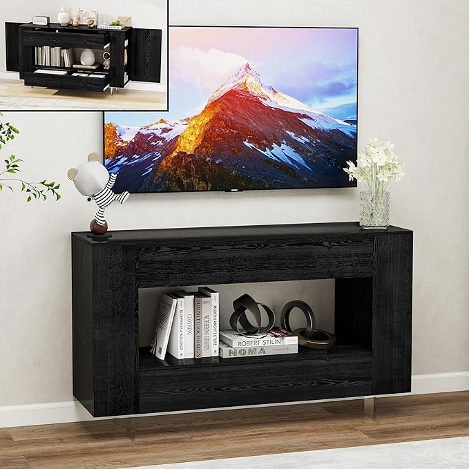Vavkorkula TV Stand for 55 Inch with 2 Large Drawers & Hidden Storage Cabinets, Modern Farmhouse Entertainment Center Television Stands for Living Room Bedroom, Black