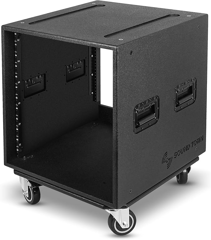 Sound Town 12U PA/DJ Rack/Road Case with 12-Space, Industry-Grade 0.7" (18mm) Plywood with Polyurea Coating, Rain Cover, Casters, 21.7" Rackable Depth - Pro Tour Grade (STRCP-12UW)