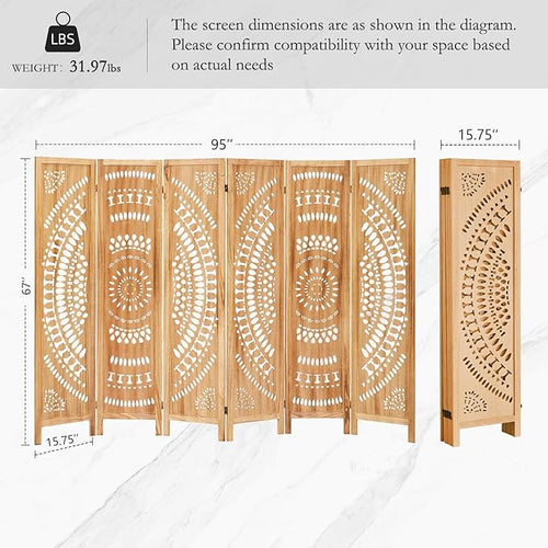 ALeesing 6 Panel Wood Room Divider Fully Assembled, Decorative Room Dividers and Folding Screens, 5.6Ft Room Divider Screen Freestanding Partition Wall Dividers for Home Bedroom Office, Light Brown