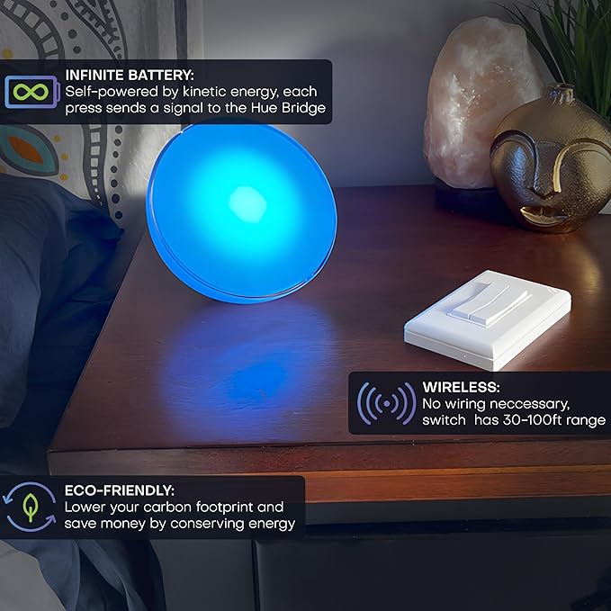RunLessWire Click for Philips Hue – Battery-Free Wireless Smart Light Switch, 30ft Range – Works Natively with Philips Hue Bridge – Wall Mount Kinetic Switch - Decora Style, White