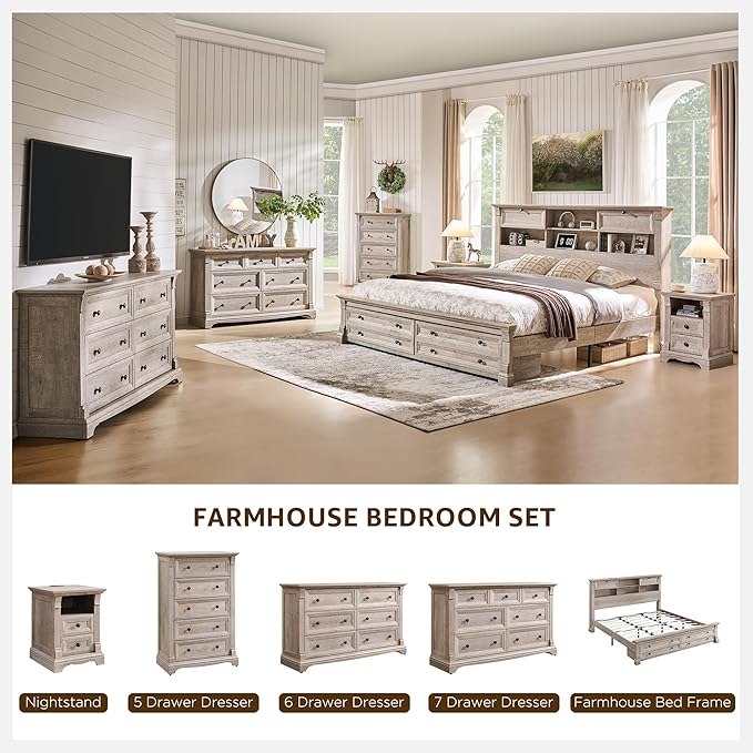T4TREAM Farmhouse Nightstand Set of 2, 18" Side Table with Charging Station, Wood End Table w/Roman Column, Bedside Cabinet for Bedroom, Living Room, Light Rustic Oak