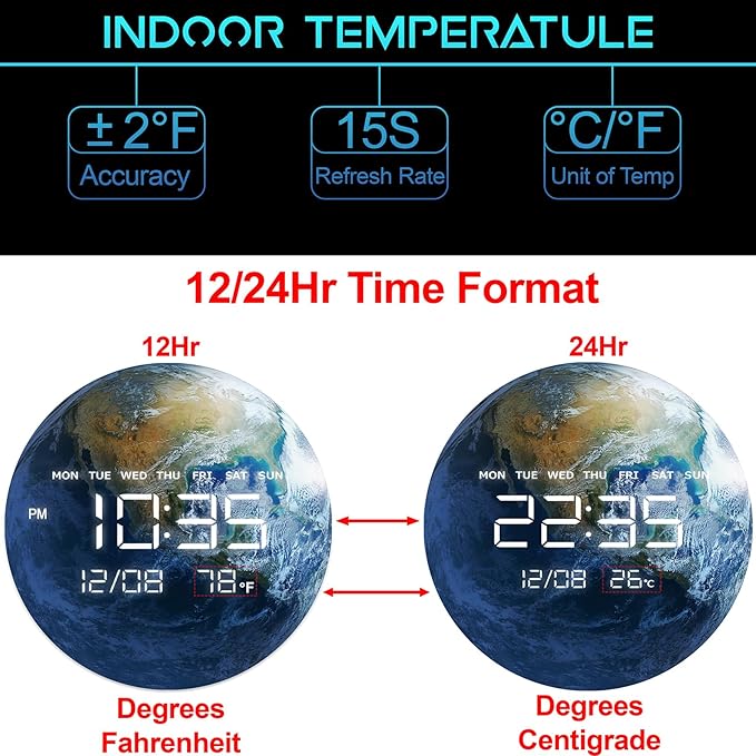 HOMLOVE Digital Wall Clock with Large LED Display, Earth Modern Electric Wall Clock [Plug-in] for All Room, Home, Office, (Earth, 12.59 INCH)