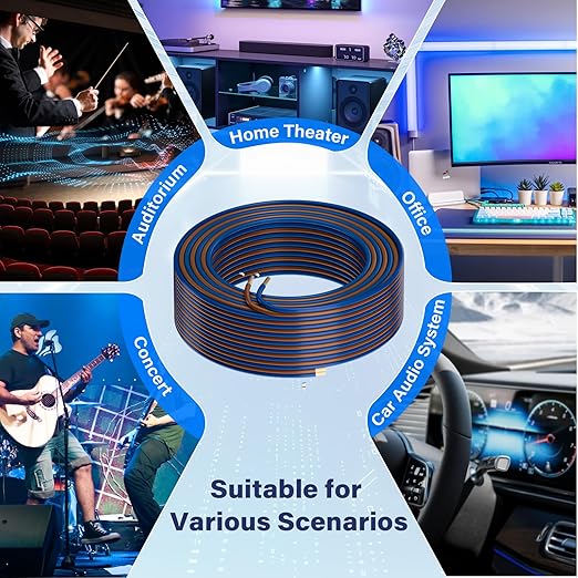 HiFind 14/2 Gauge AWG Car Audio Speaker Wire Cable 30 Ft, Professional Shielded OFC Zipper Wire, Transparent Soft PVC for Automotive Stereo HiFi Home Theater System, Subwoofer, Blue+ Brown