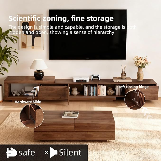 gaoyangjiaju 78.5"-105" Mid-Century Modern Extendable TV Stand, Walnut Media Console with 2 Drawers and 2 Cabinets, Fits TVs up to 100 Inches for Living Room or Bedroom