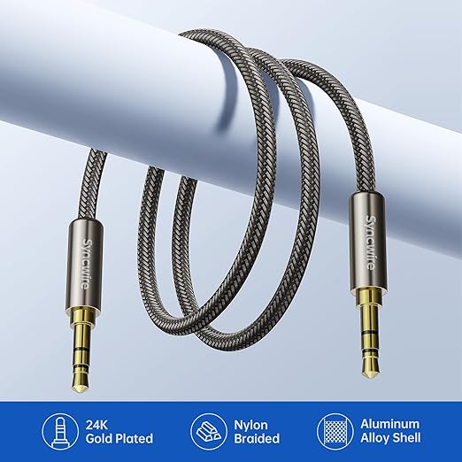 SYNCWIRE 3.5mm Nylon Braided Aux Cable (6.6ft/2m,Hi-Fi Sound), Audio Auxiliary Input Adapter Male to Male Cord for Headphones, Car, Home Stereos, Speaker, iPhone, iPad, iPod, Echo & More – Gold Brown