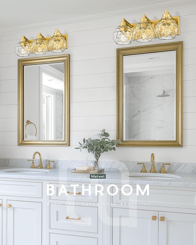 METWET Bathroom Light Fixtures Over Mirror, 3-Light Brushed Gold Vanity Light with Clear Hammered Glass Globe Shade, Modern Sconces Wall Lighting Bedroom Hallway, VL200-BG-3