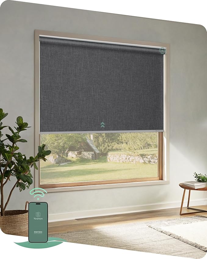 Yoolax Motorized Blinds App Control, Blackout Roller Shades for Windows, Cordless Automatic Shades Roller Window Blinds for Bedroom Living Room Office (Blackout Ashfall Gray, 22" W x 72" H)