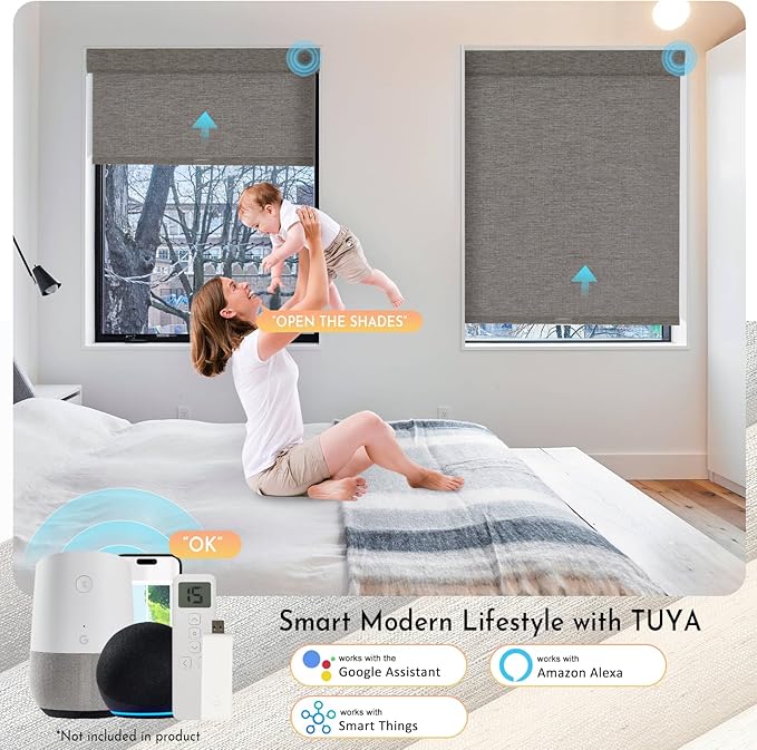 Persilux Smart Motorized Blinds with Remote, No Drill Automatic Roller Shades for Indoor Windows, Blackout Linen Fabric, Electric Blinds for Windows, Linen Brown C156BO-4, Custom Size