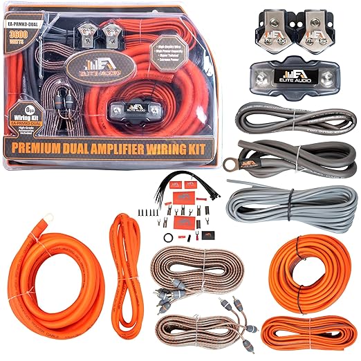 Elite Audio Premium Series Amp Kit Copper Clad Aluminum Wire, Triple-Shielded RCA Cables, High-Power Capacity, ANL Fuse Holder, Car Amplifier Install Kit (0 Gauge (Dual Amp))