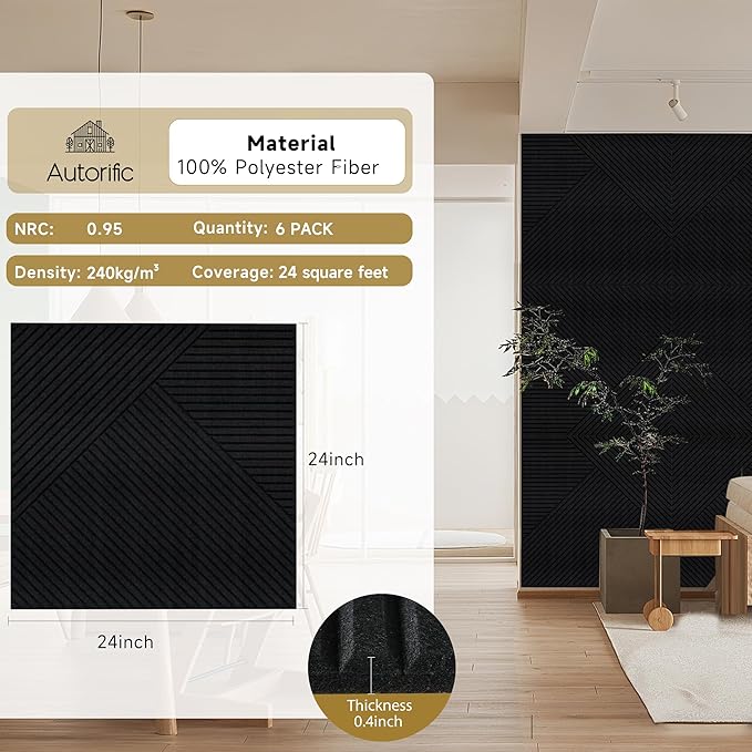 Autorific Acoustic Wall Panels,6 Pack Total Size 72 x 48 Inches,Self-Adhesive Decorative Acoustic Panels for Wall and ceiling,Black