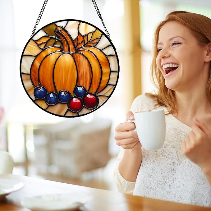 DASTOLL Stained Glass Window Hanging Fall Pumpkin Berries Large 11.8" - Suncatcher Door Garden Kitchen Sunroom Sun Catcher Autumn Home Decor Birthday for Mom Grandma Men Woman