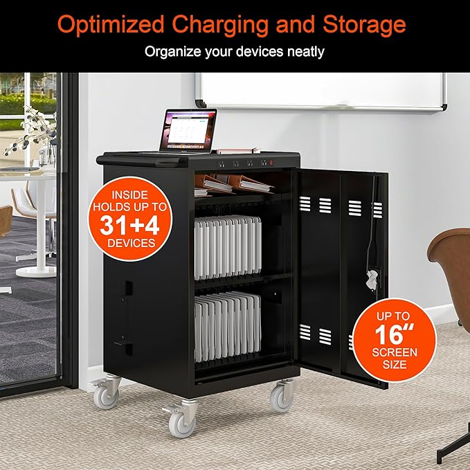 Aokleo Laptop Charging Cart,35 Devices Tablet Storage Carts for pad Up to 16.3" Screen Size, Classroom Computer Mobile Charging Station for Pads, Chromebooks,Laptops, Security Storage(31+4 Bay-Black)