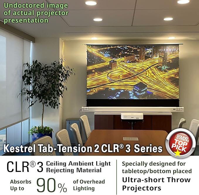 Elite Screens Kestrel Tab-Tension 2 CLR3, 101" 16:9, Ultra-Short Throw Ceiling Ambient Light Rejecting (CLR/ALR) Electric Floor-Rising Motorized Front Projector Screen,White Casing, FTE101XH3-CLR3