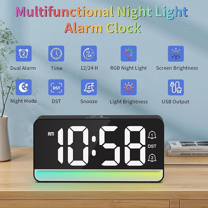 Alarm Clocks for Bedrooms, Digital Bedside Clock with RGB Night Light, Adjustable Volume for Heavy Sleepers, USB Charger, Large Display, Modern Decor for Desk, Dimmable Alarm Clock for Kids(Black)