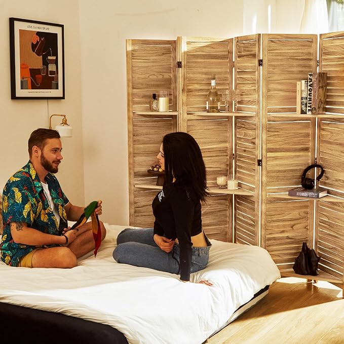 Partition Room Dividers, Folding Wood Privacy Screen with Three Display Shelves Suitable for Home Office, Study, Art Display - 6 Panel, 67 * 77inch (Wood)