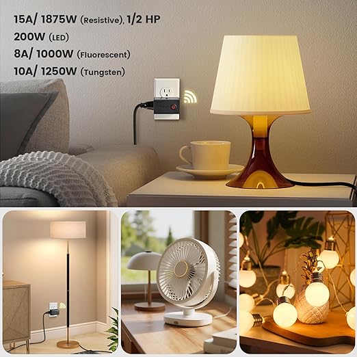 SURAIELEC Remote Control Outlet, Wireless Light Switch, Decorator Rocker Wall Switch, 15 AMP, 100ft RF Range, No Wiring No WiFi, for Plug in Pendant Light, Lamp, Small Electrical Appliance, Black
