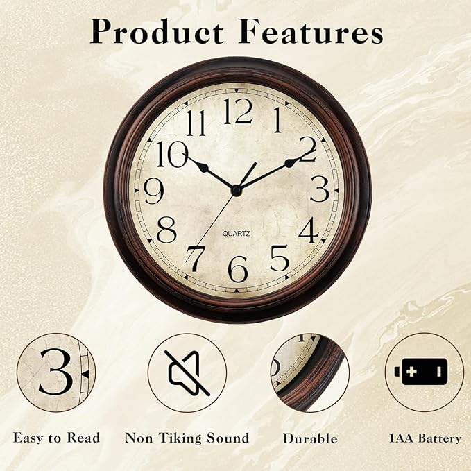 KECYET Wall Clock Battery Operated Vintage Silent Non-Ticking Analog Wall Clocks 8.5 Inch Small Retro Clock Decorative for Kitchen Bathroom Bedroom Home Office (Bronze)