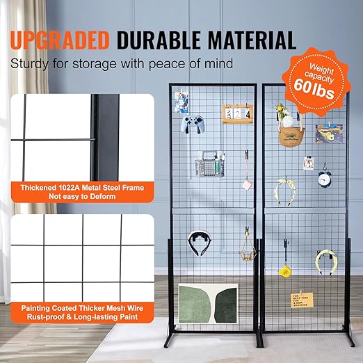 VEVOR 2 x 5.6 in Grid Wall Panels, 2 Packs Wire Gridwall Display Racks Tower with T-Base, Floorstanding Double Side Gridwall Panels, Retail Display with Extra Clips and Hooks for Art Craft Shows